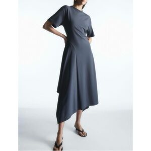 COS Cotton Jersey Asymmetrical hem dress, short sleeve, ruching, grey, XS